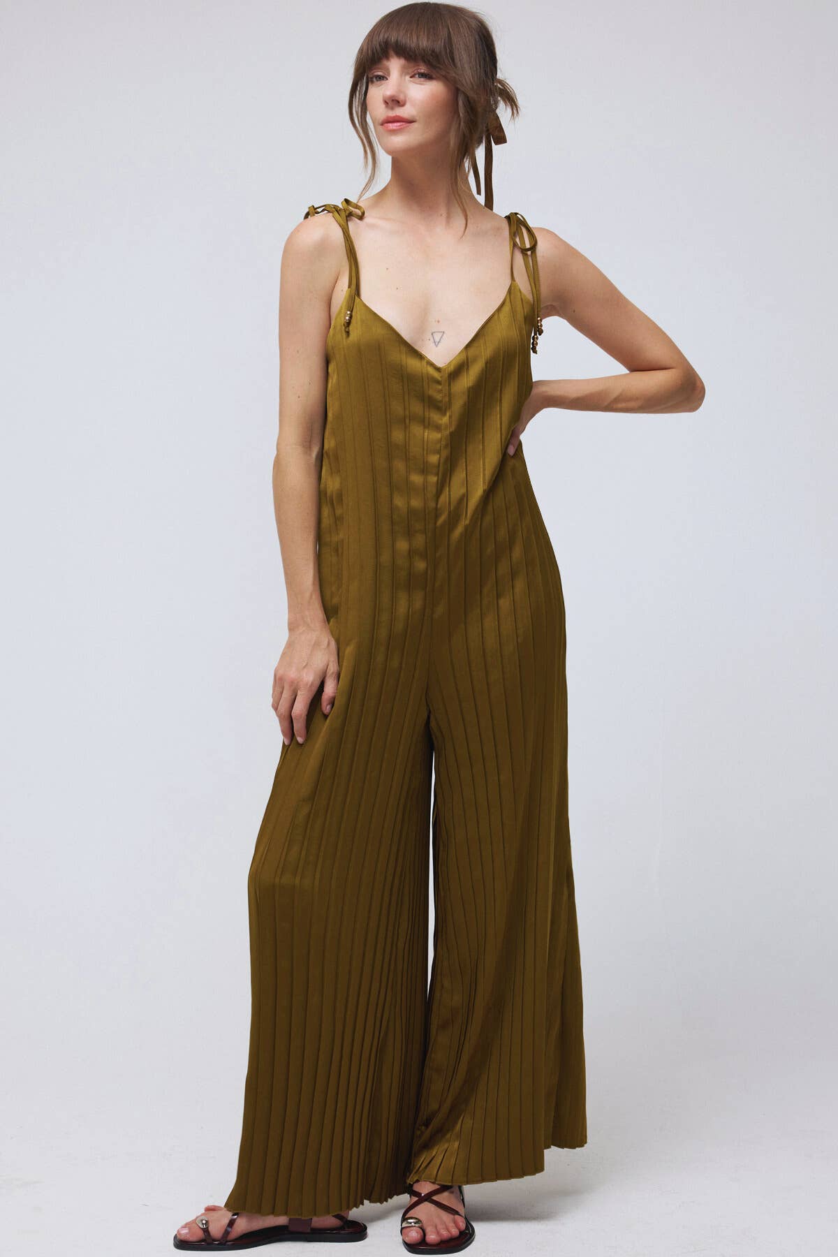Tie Strap Wide Leg SatinJumpsuit Olive, photo 5 of 6
