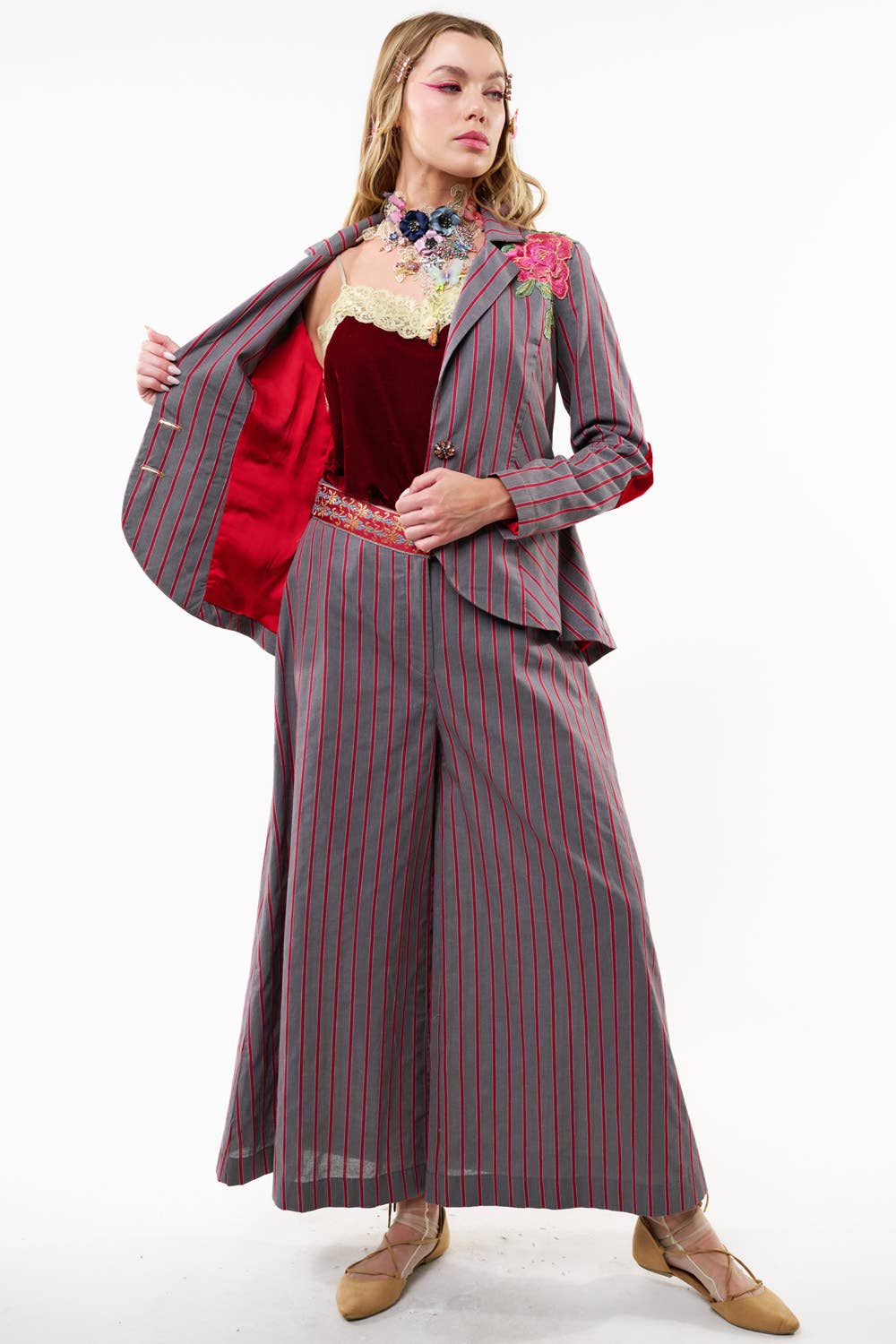 Gray | Red Stripe Wide Leg Pants, photo 2 of 8