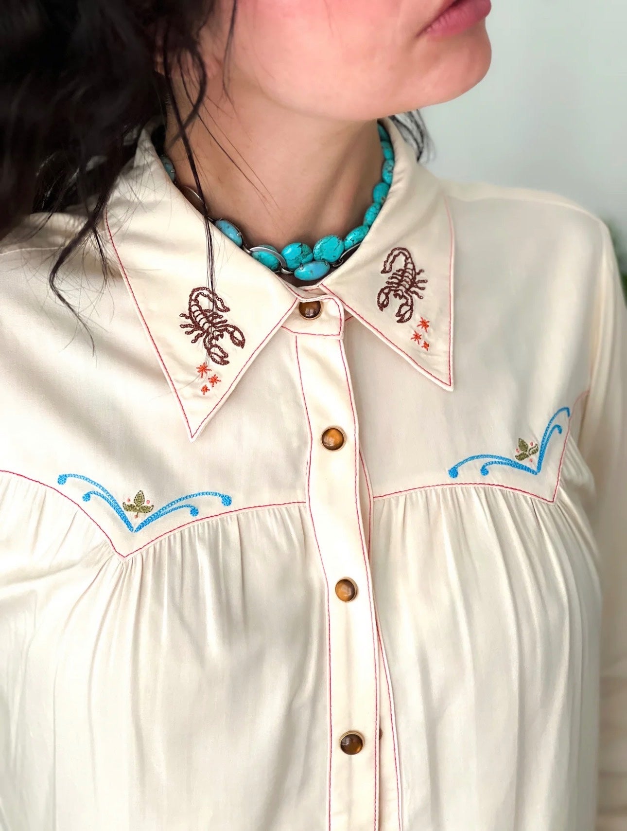 Cream Desperado Pearl Snap Embroidered Blouse, photo 5 of 6