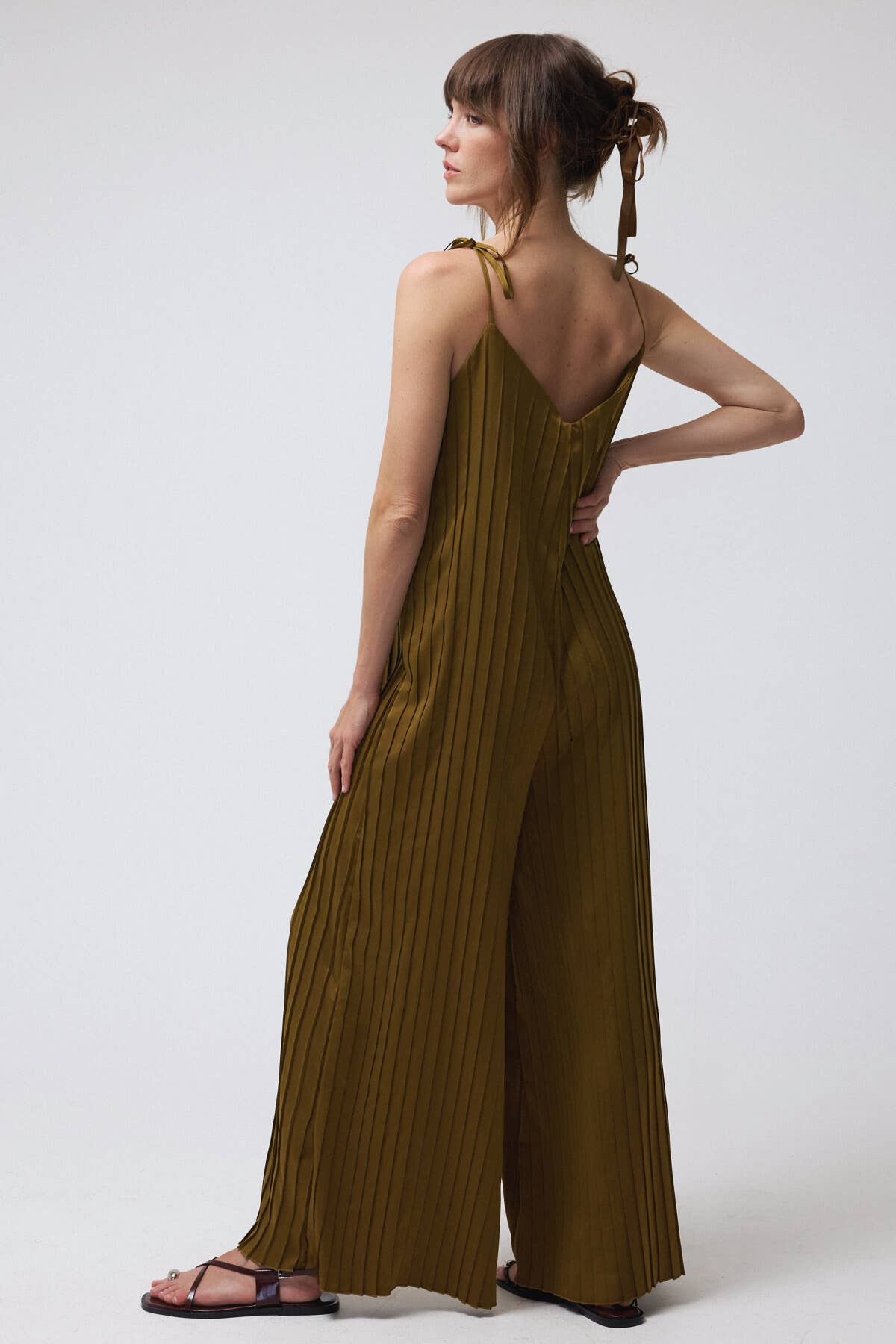 Tie Strap Wide Leg SatinJumpsuit Olive, photo 6 of 6
