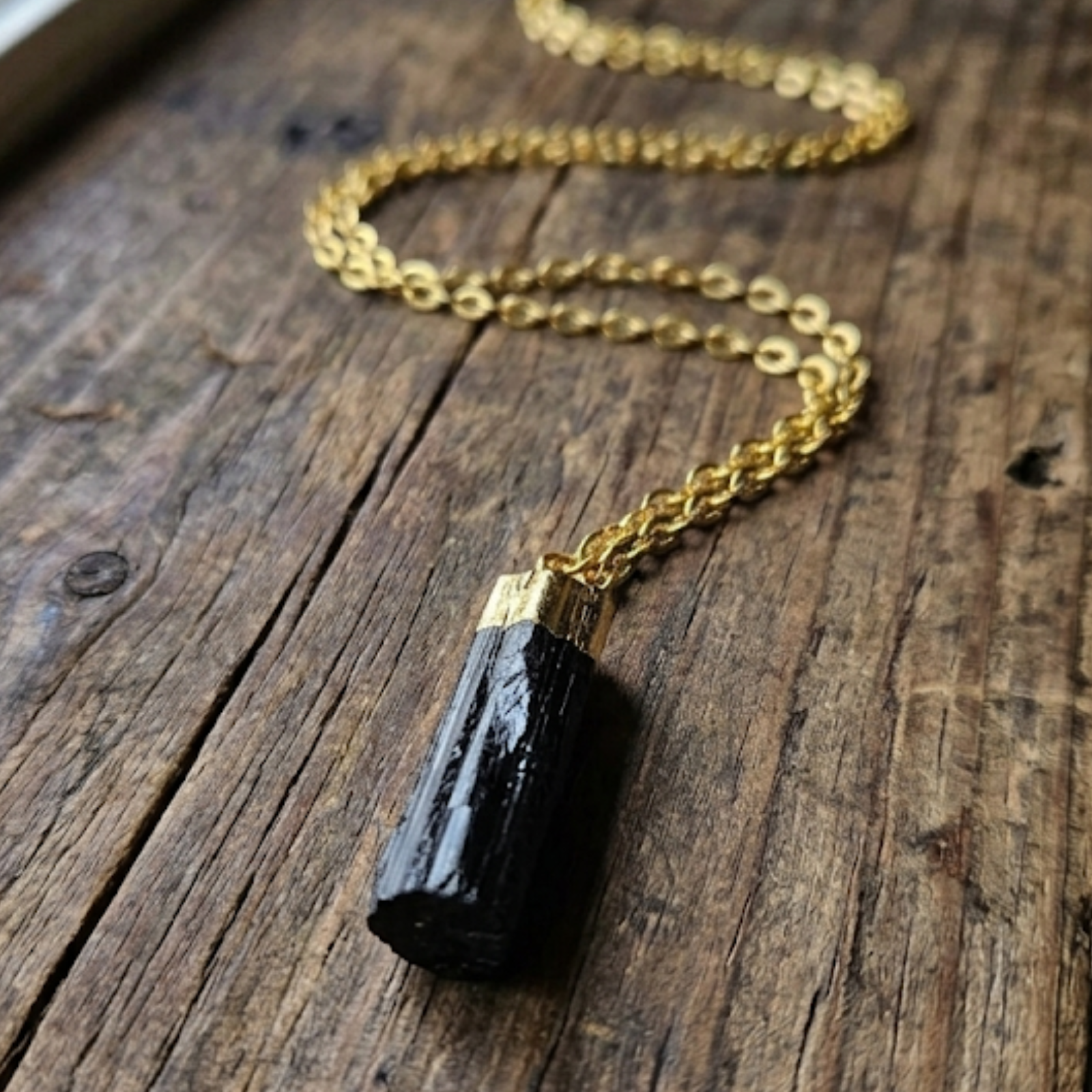 Raw Black Tourmaline Protection Necklace | Gold-Dipped Crystal Pendant, photo 1 of 2