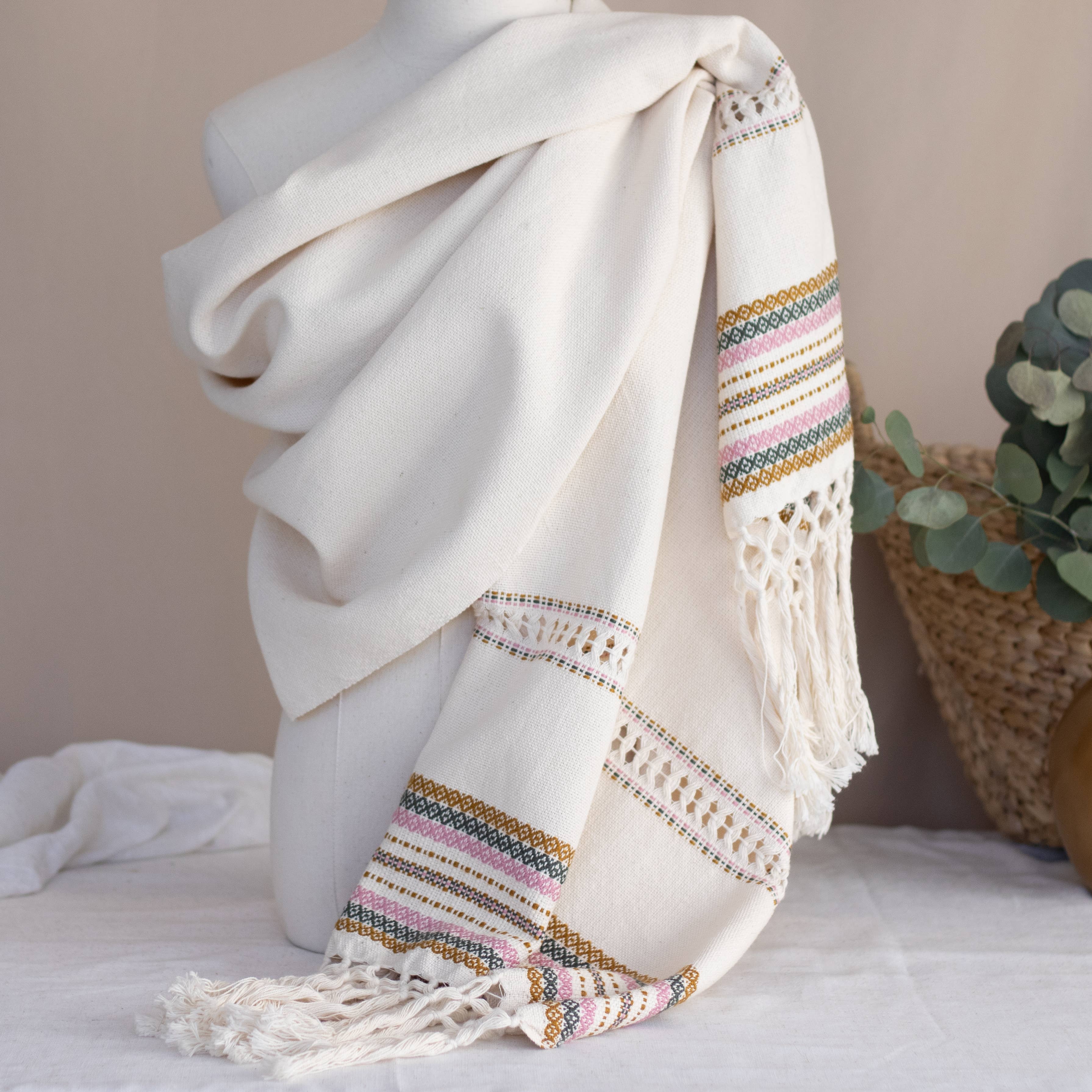 Handwoven Organic Cotton Shawl Pink, Olive and Mustard, photo 2 of 8