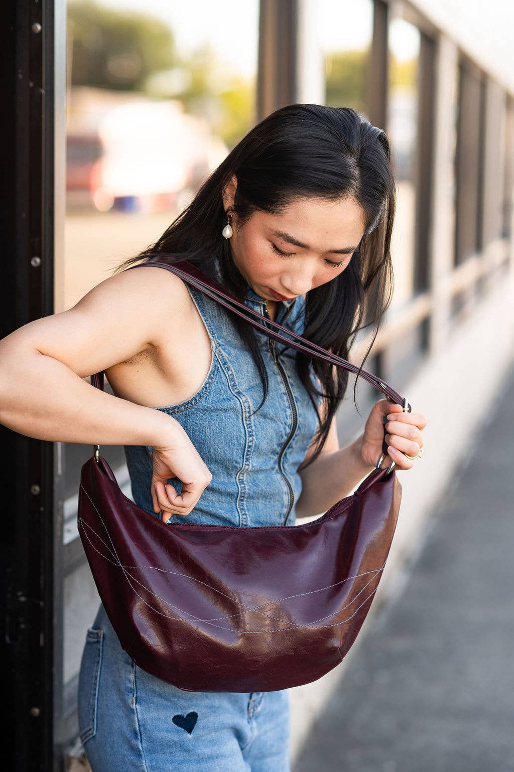 Medium Topstitch Hobo Bag Crossbody Purse Machine Washable Butterscotch, photo 5 of 8