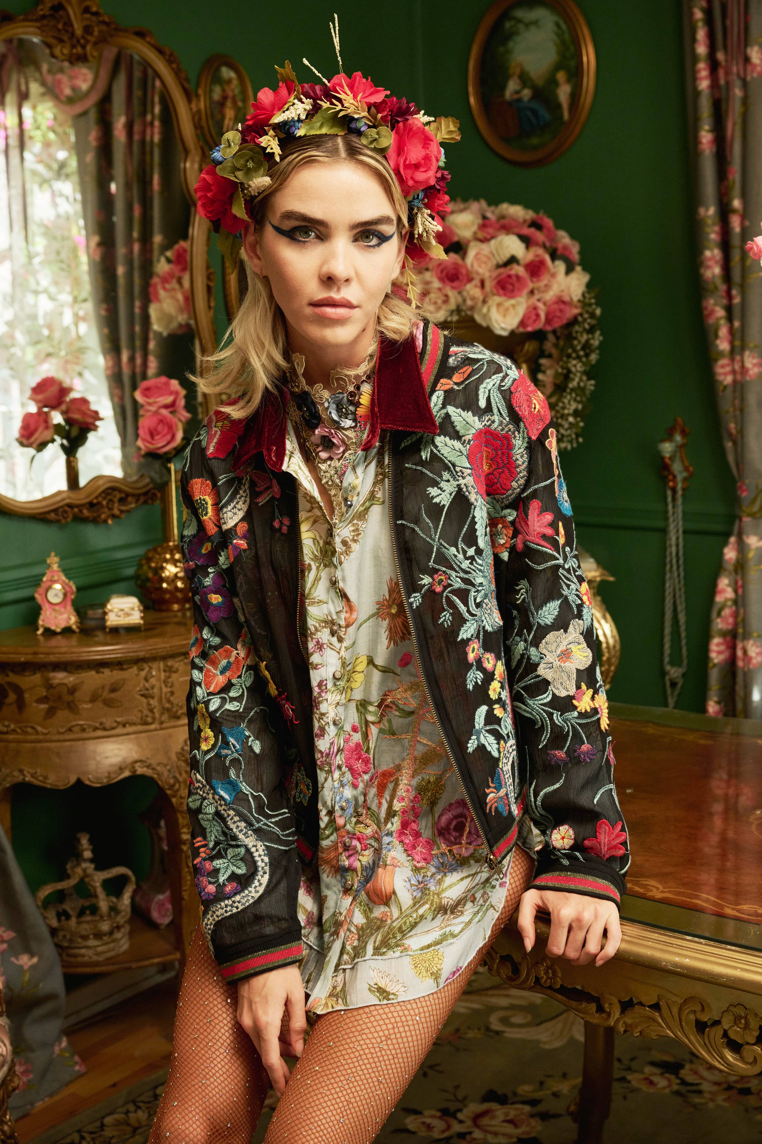 Embroidered Bomber Jacket: Black Floral, photo 2 of 8