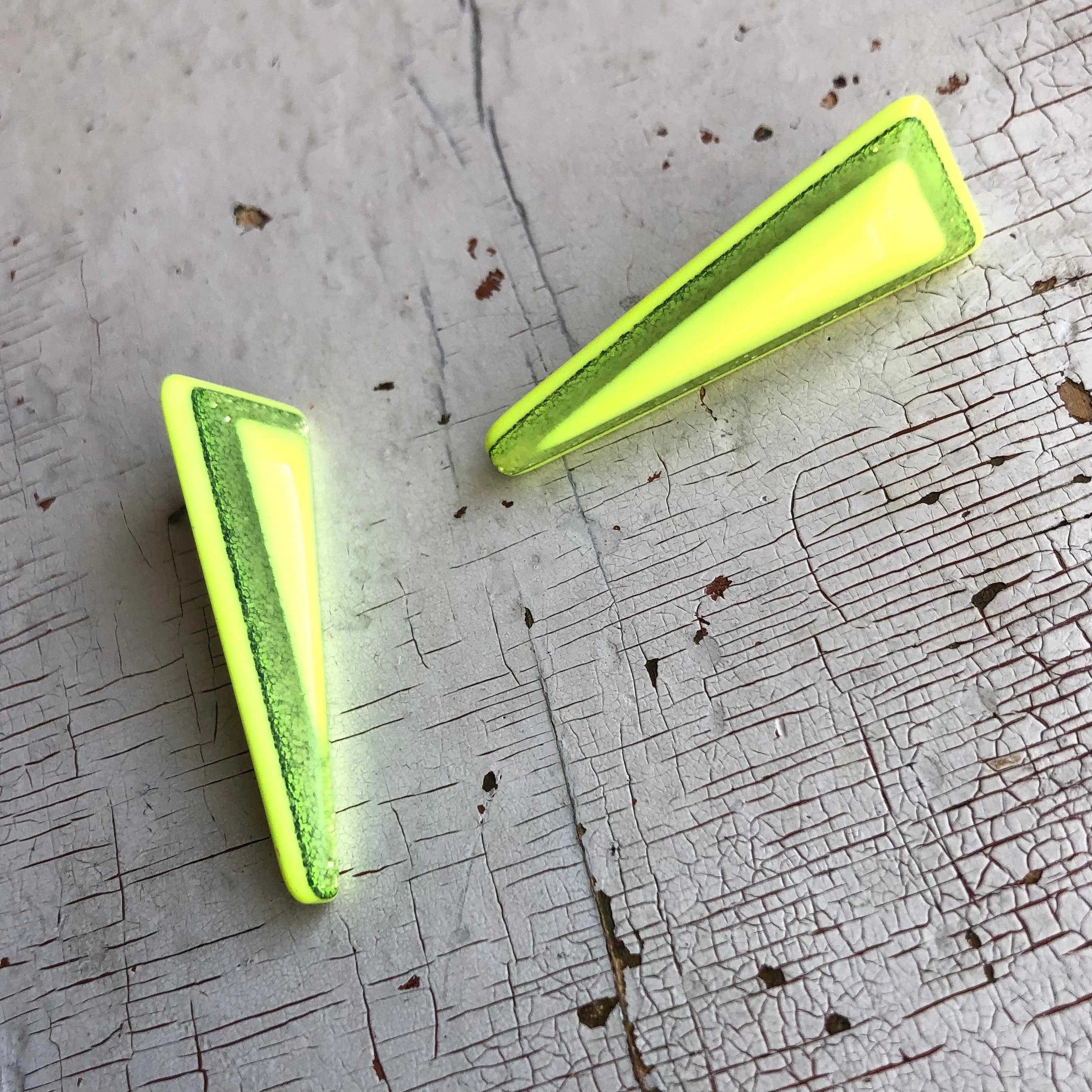 Neon Yellow Sparkle Trio Stud Earrings, photo 2 of 6