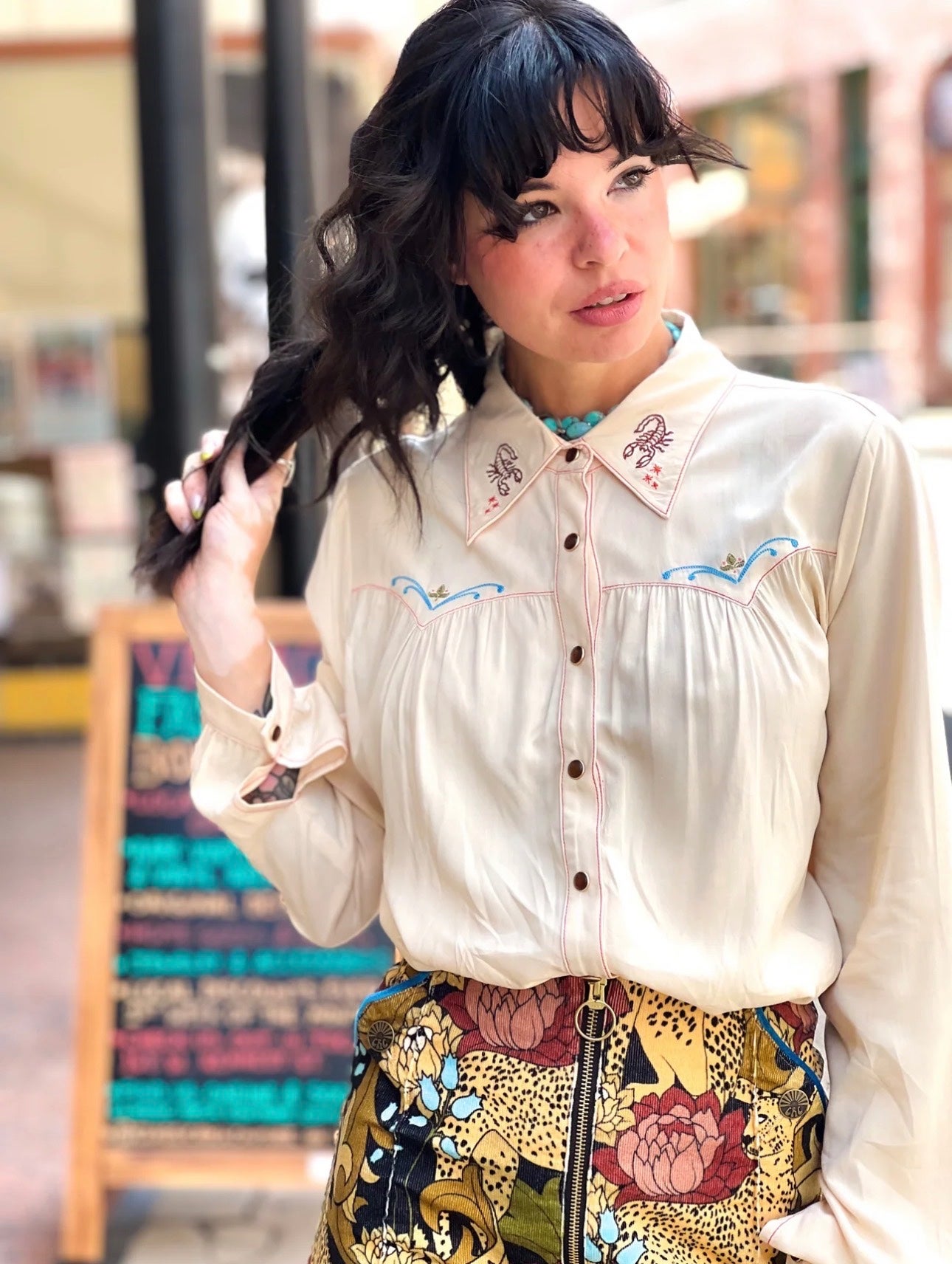 Cream Desperado Pearl Snap Embroidered Blouse, photo 1 of 6
