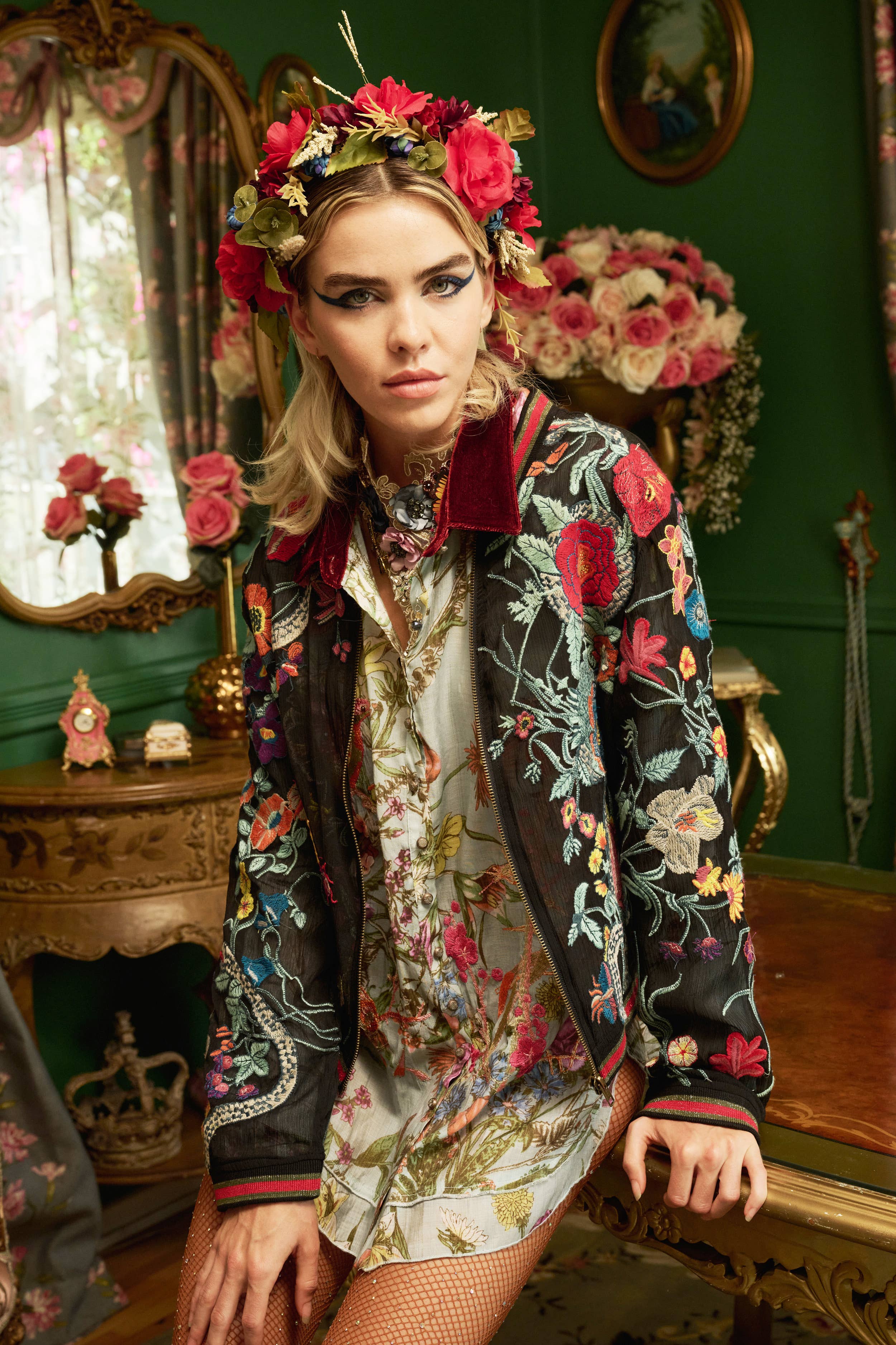 Embroidered Bomber Jacket: Black Floral, photo 1 of 8