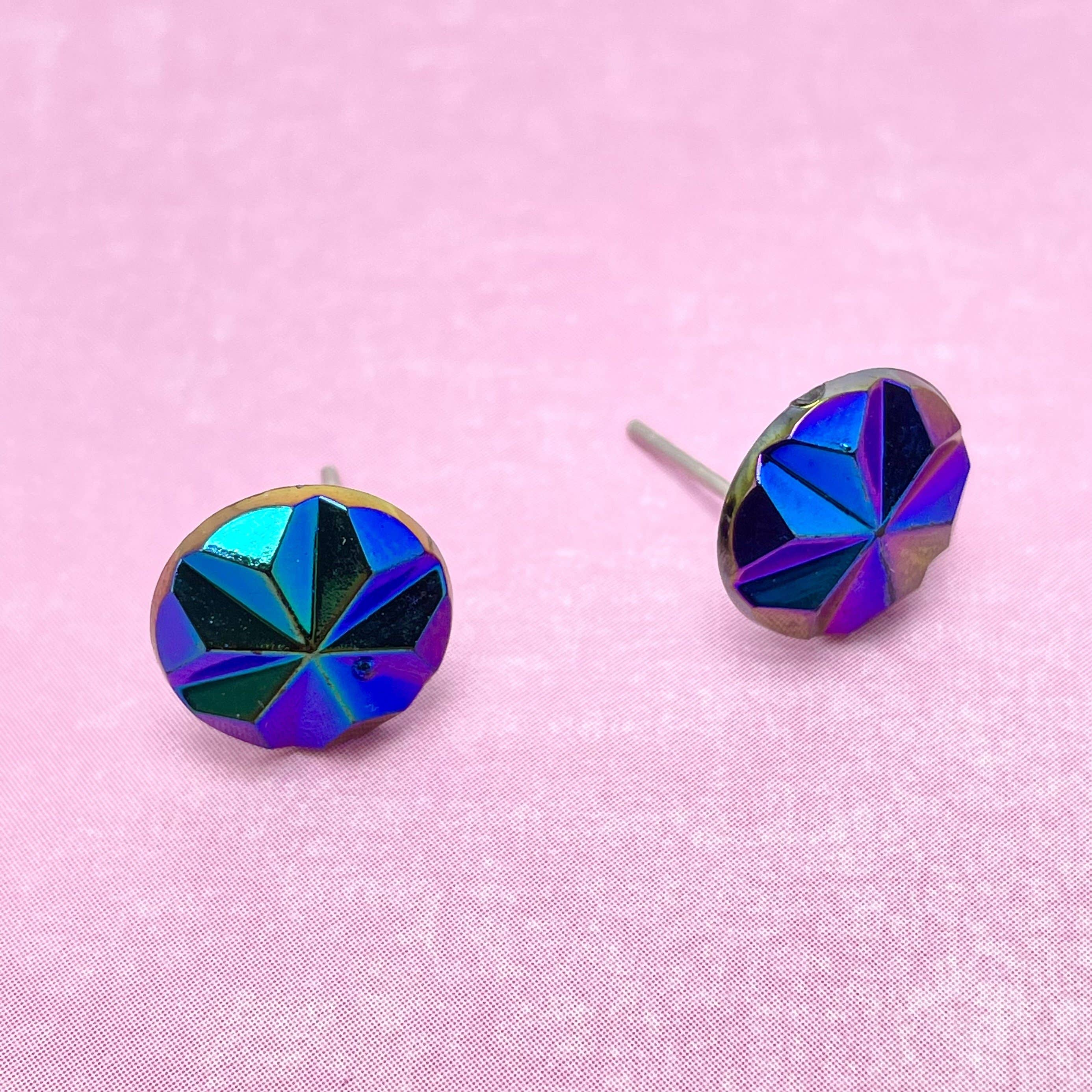 Blue Iris Pinwheel Retro Button Stud Earrings, photo 4 of 5