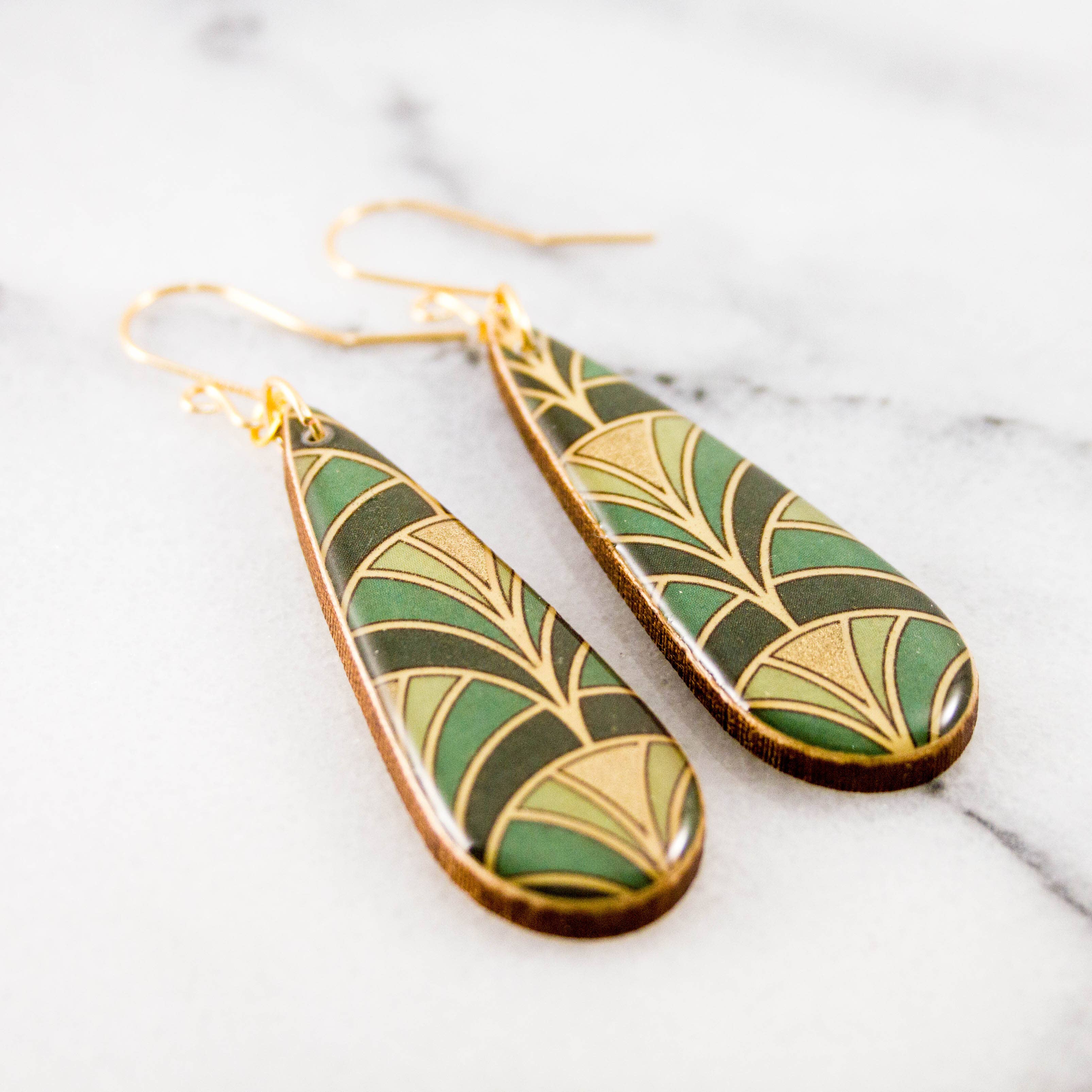 Green + Gold Deco Fan Teardrop Earrings, photo 1 of 2