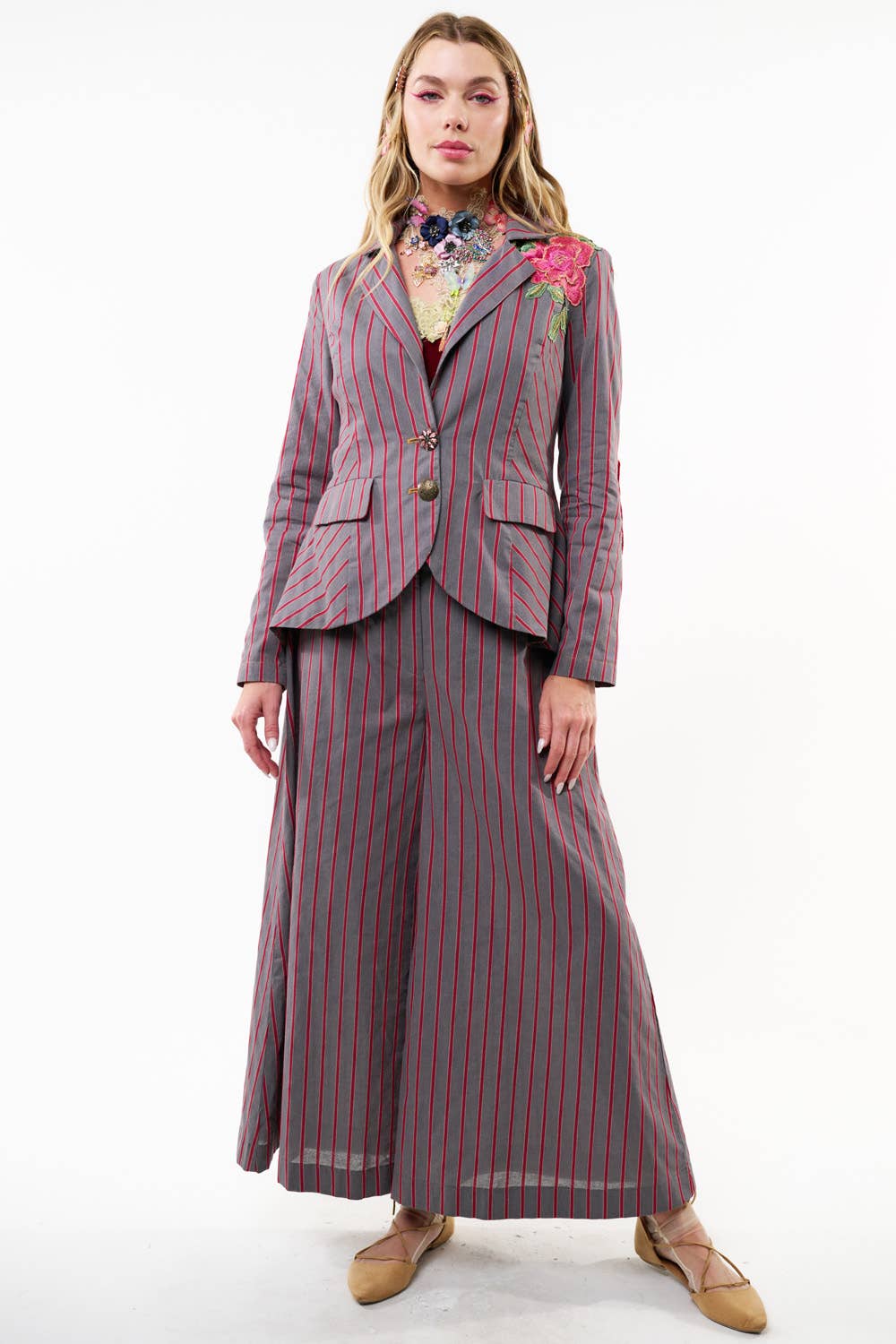 Gray | Red Stripe Wide Leg Pants, photo 1 of 8
