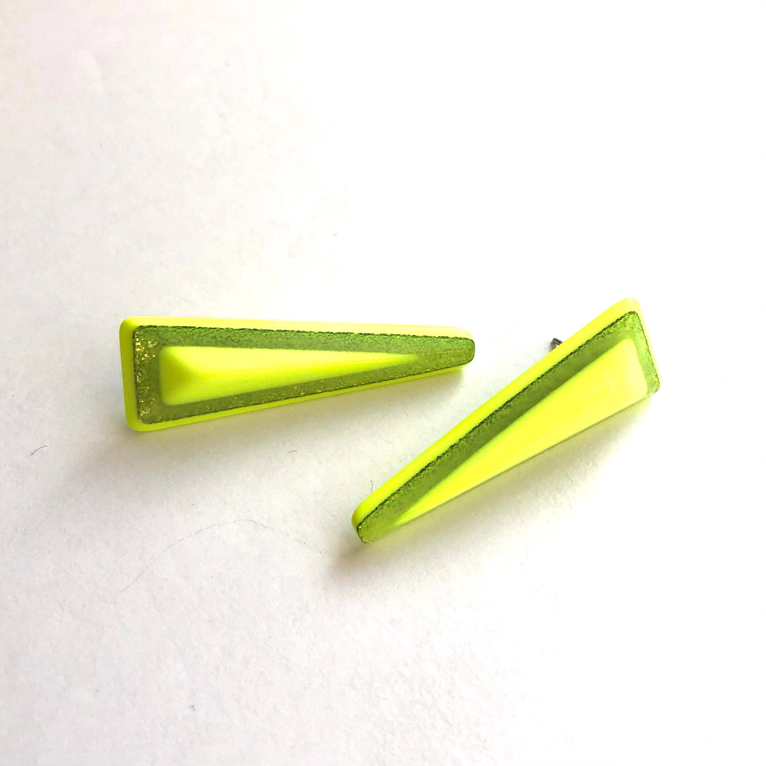 Neon Yellow Sparkle Trio Stud Earrings, photo 4 of 6