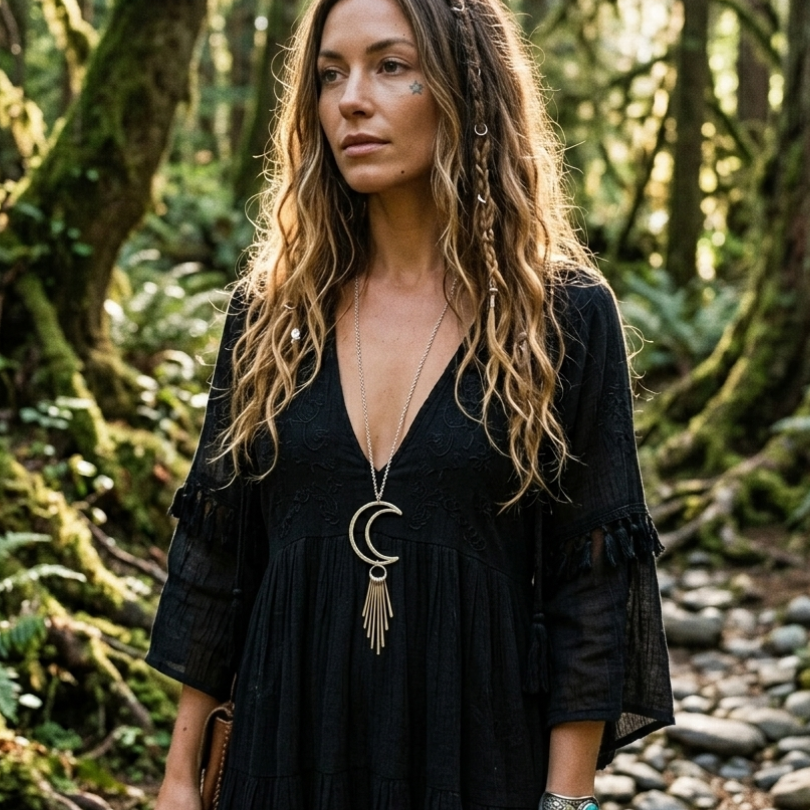 Stainless Steel Crescent Moon Fringe Necklace – Long Boho Statement Pendant, photo 2 of 2