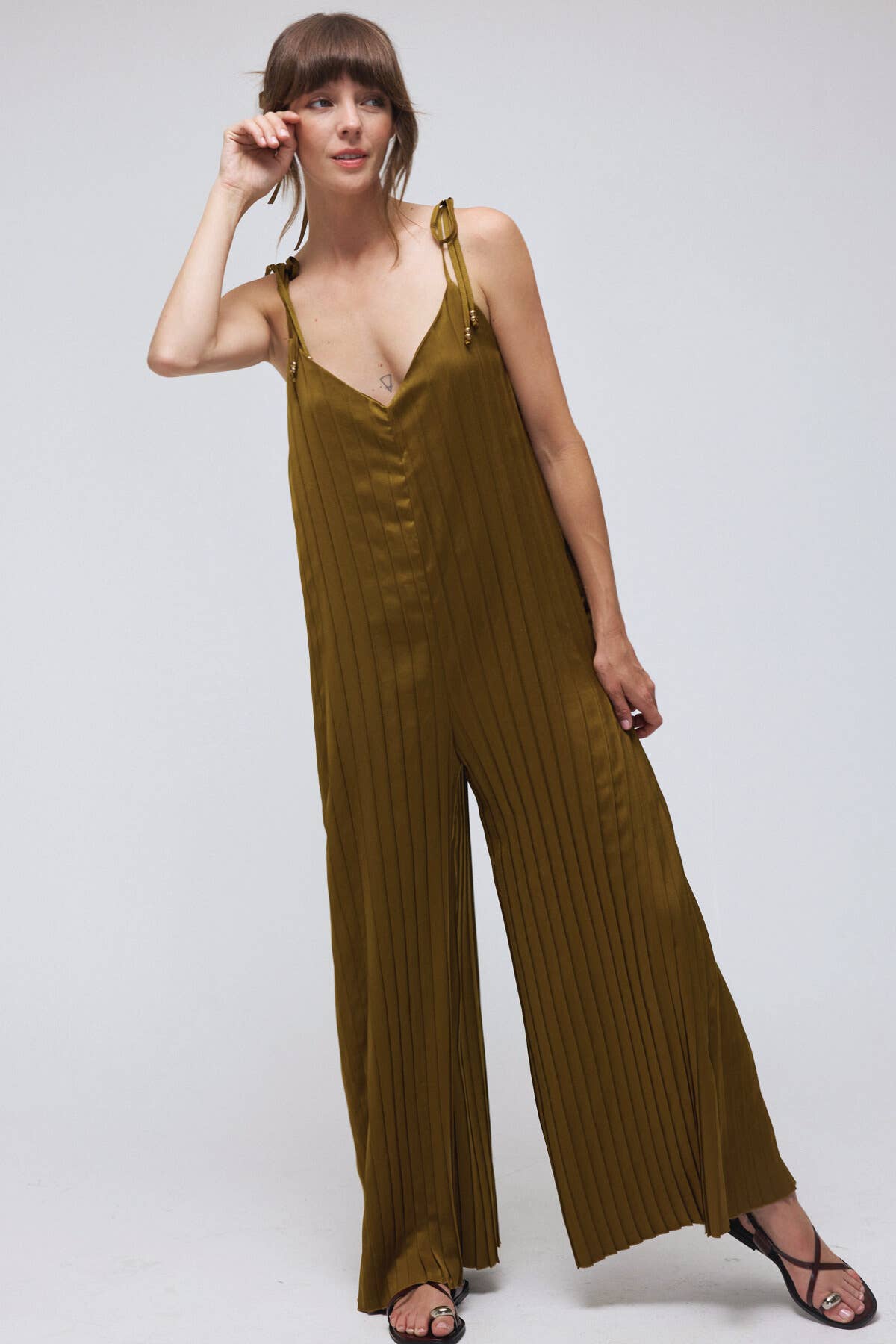 Tie Strap Wide Leg SatinJumpsuit Olive, photo 2 of 6