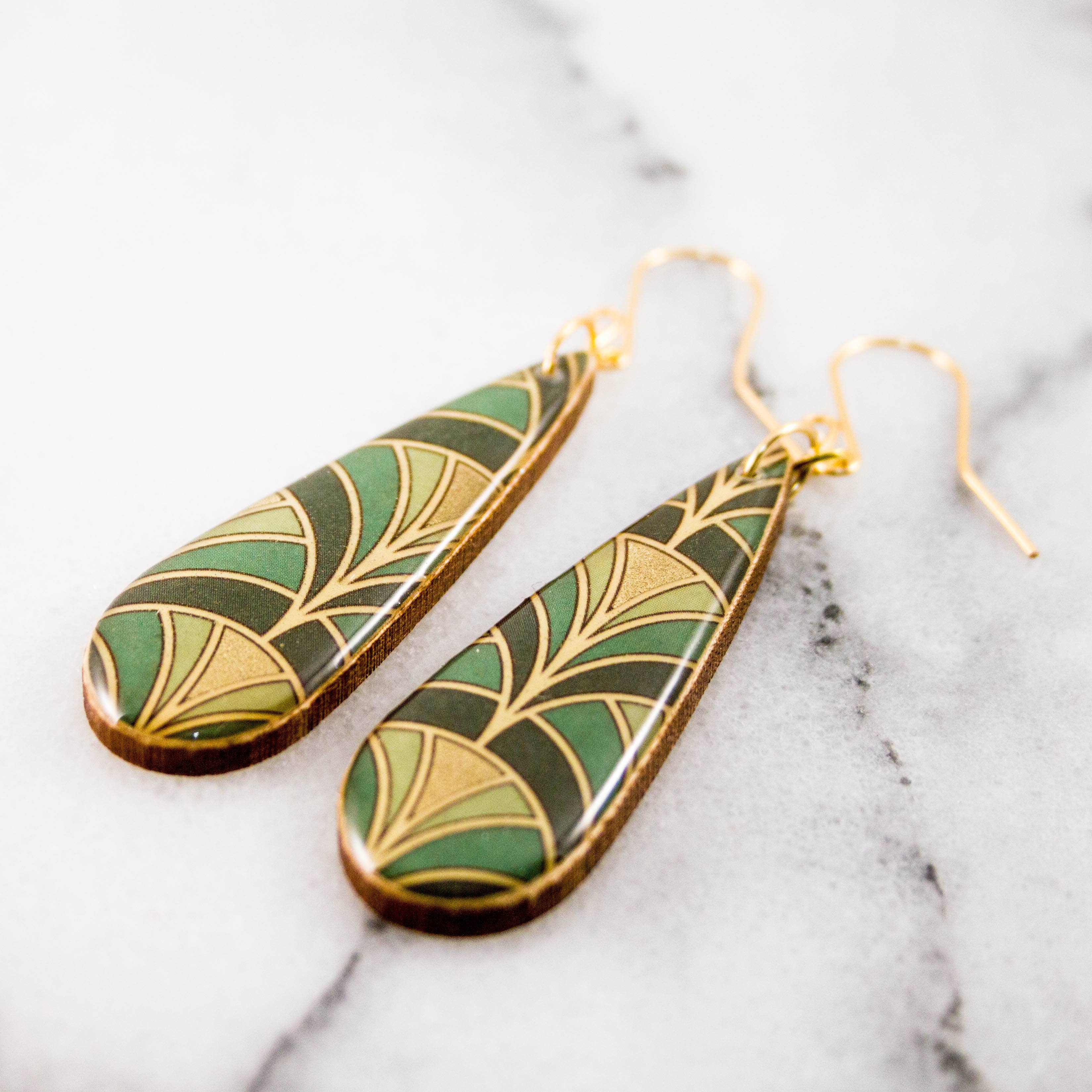 Green + Gold Deco Fan Teardrop Earrings, photo 2 of 2