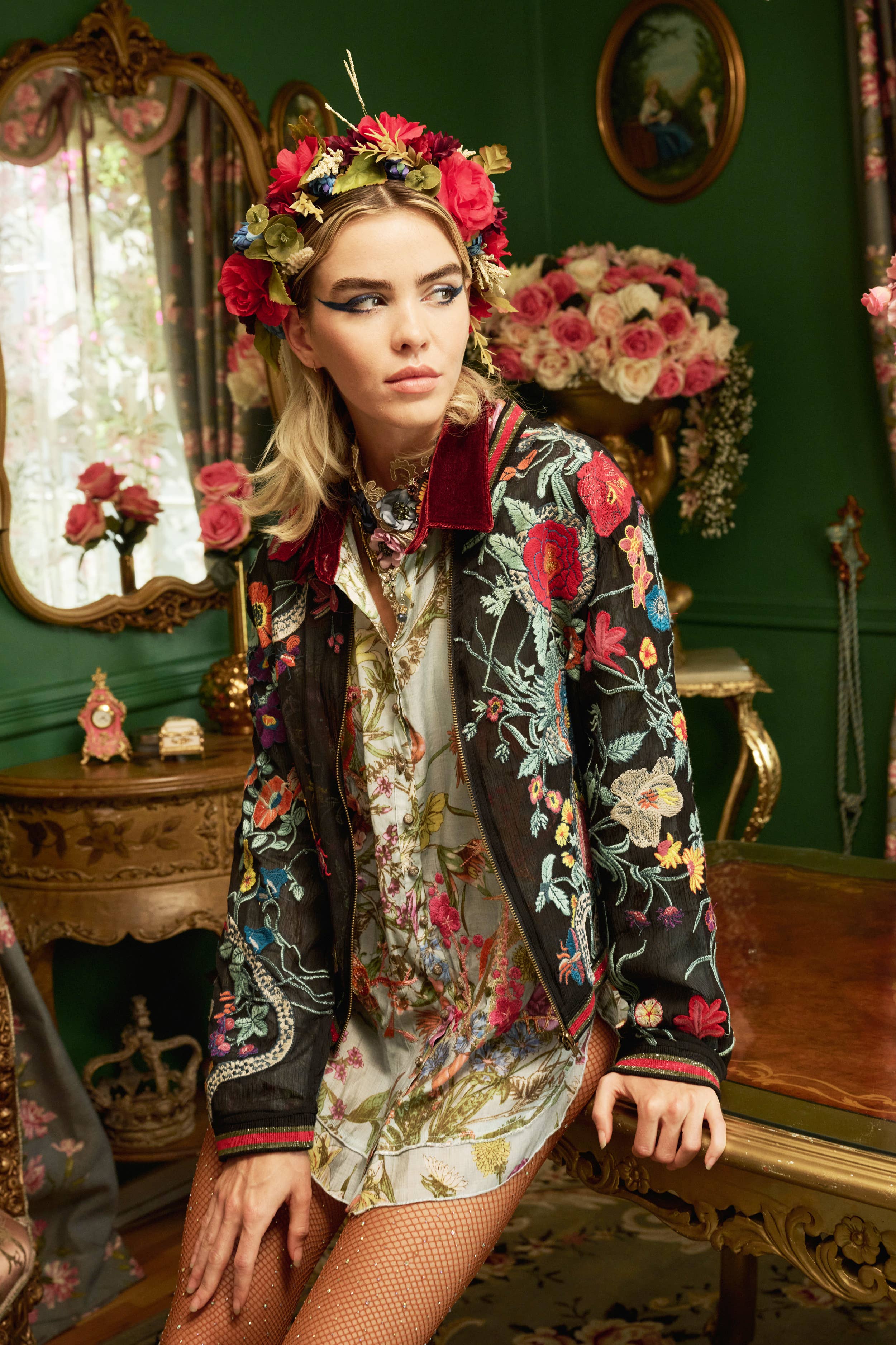 Embroidered Bomber Jacket: Black Floral, photo 3 of 8