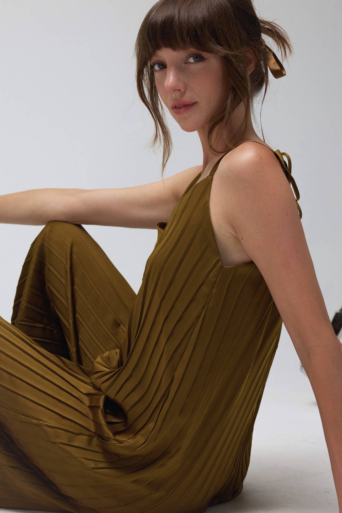 Tie Strap Wide Leg SatinJumpsuit Olive, photo 3 of 6