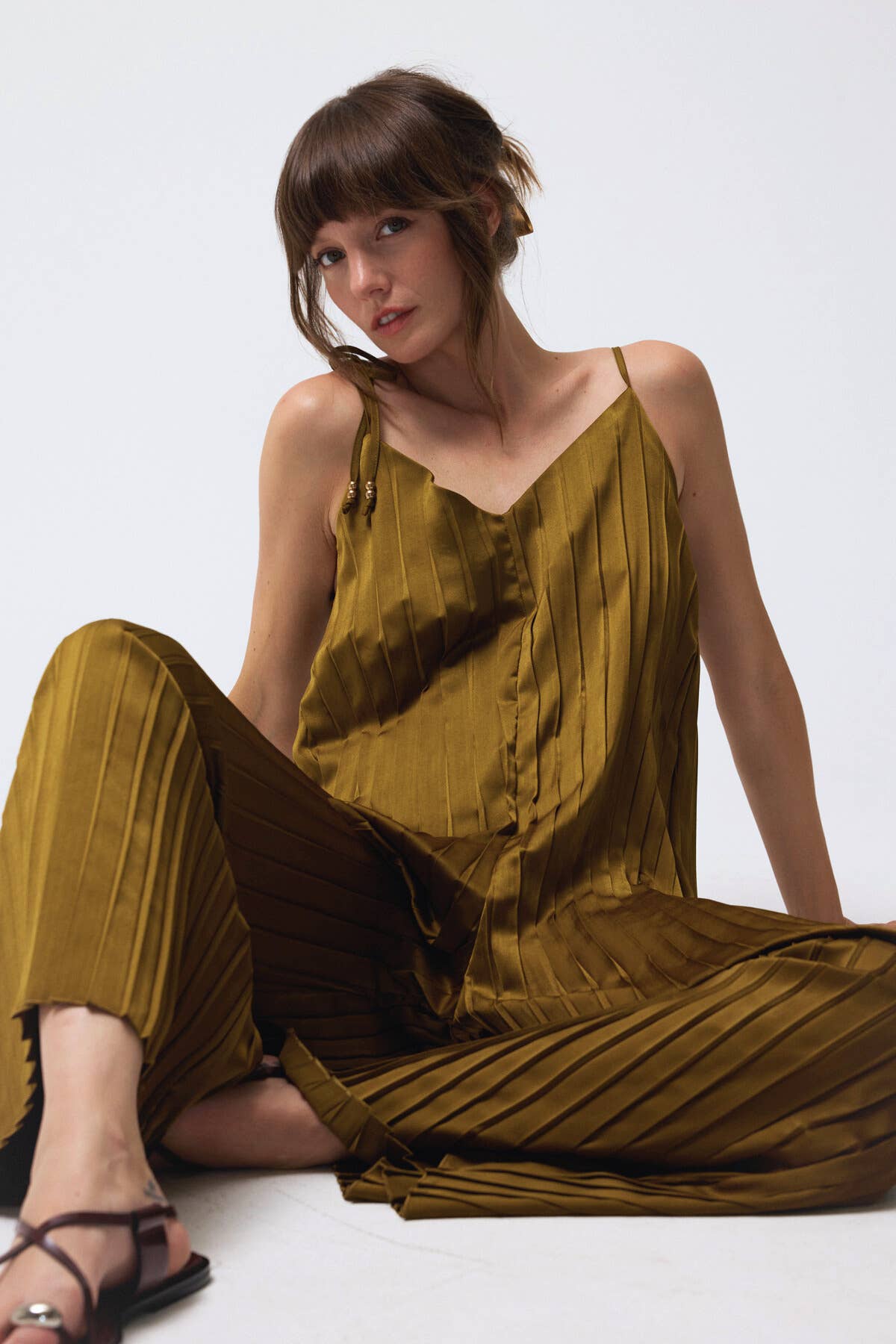 Tie Strap Wide Leg SatinJumpsuit Olive, photo 1 of 6