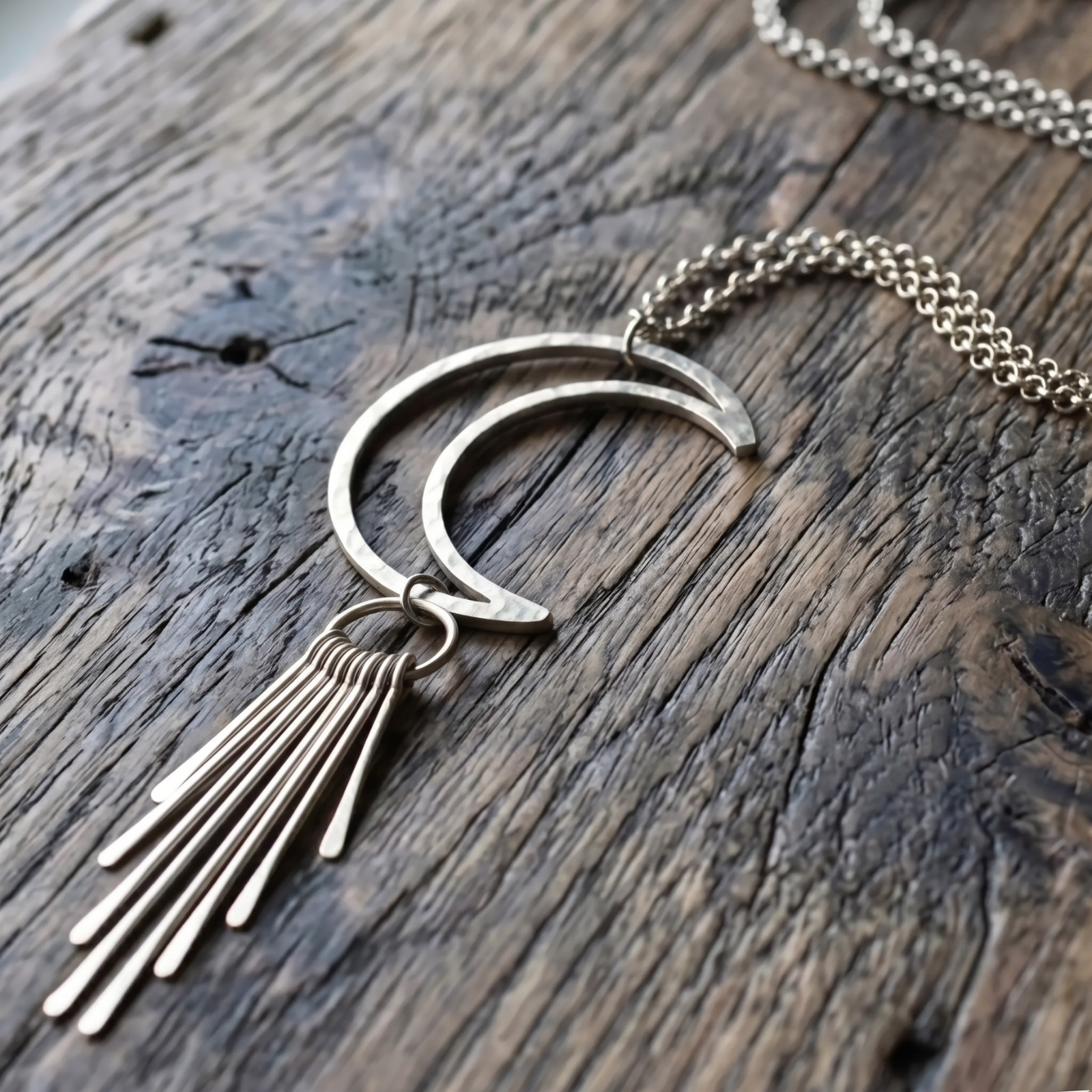 Stainless Steel Crescent Moon Fringe Necklace – Long Boho Statement Pendant, photo 1 of 2
