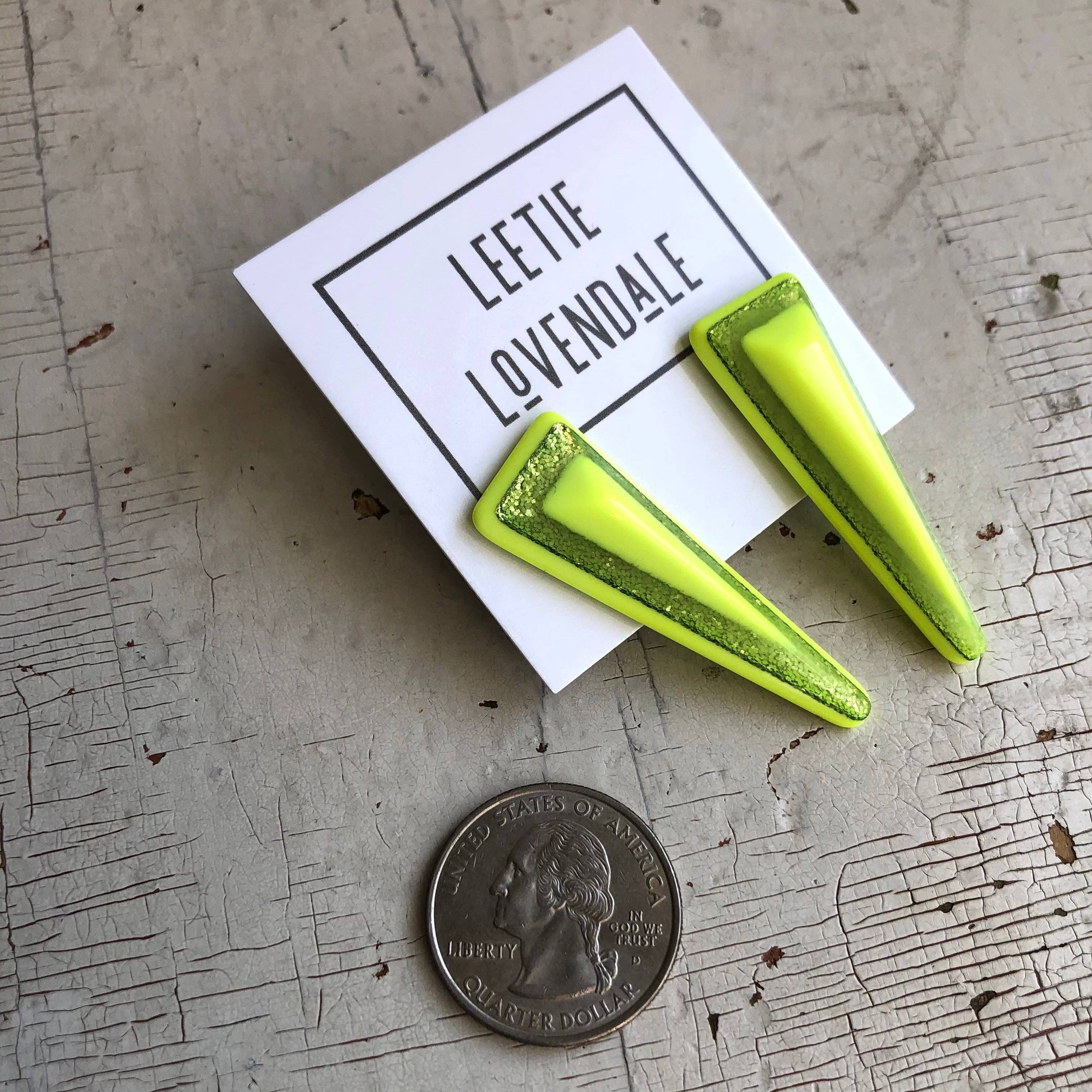 Neon Yellow Sparkle Trio Stud Earrings, photo 3 of 6