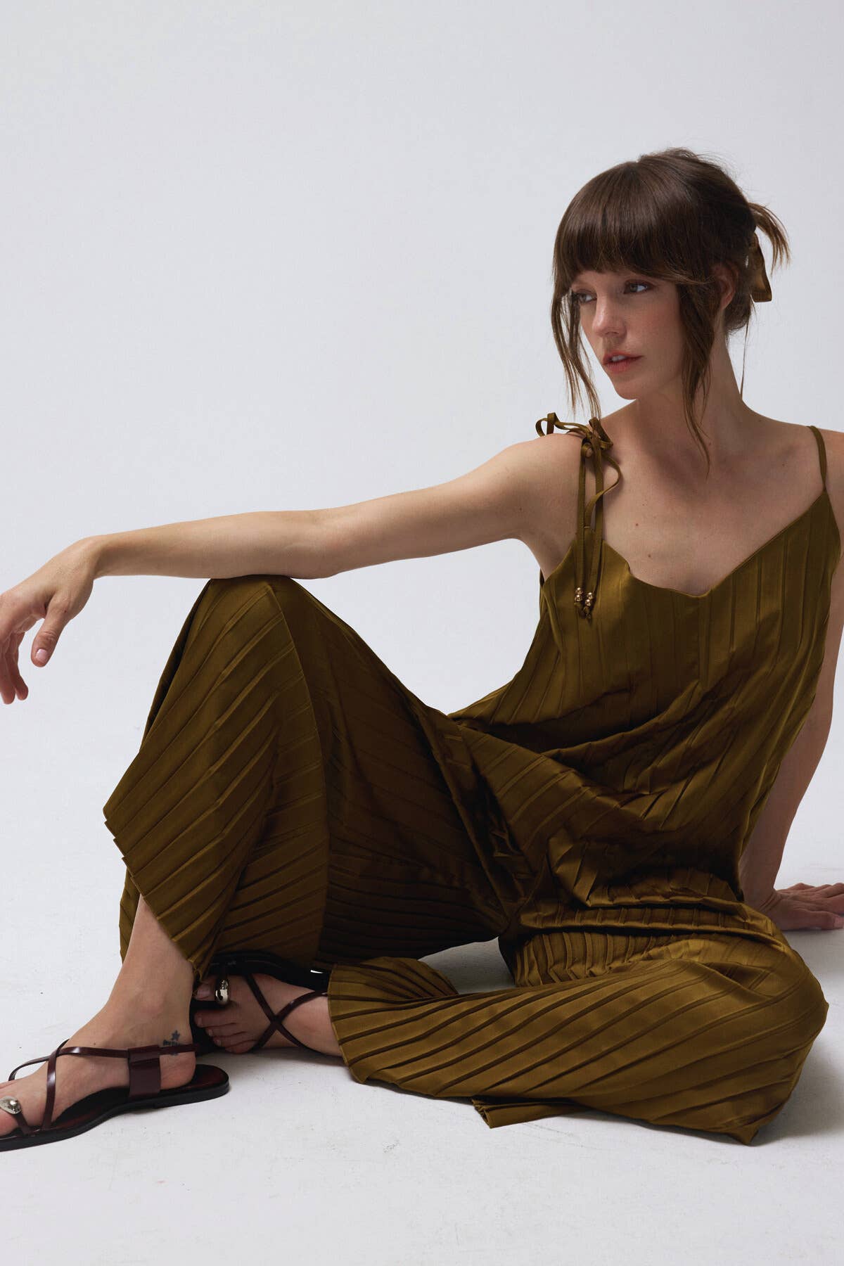 Tie Strap Wide Leg SatinJumpsuit Olive, photo 4 of 6