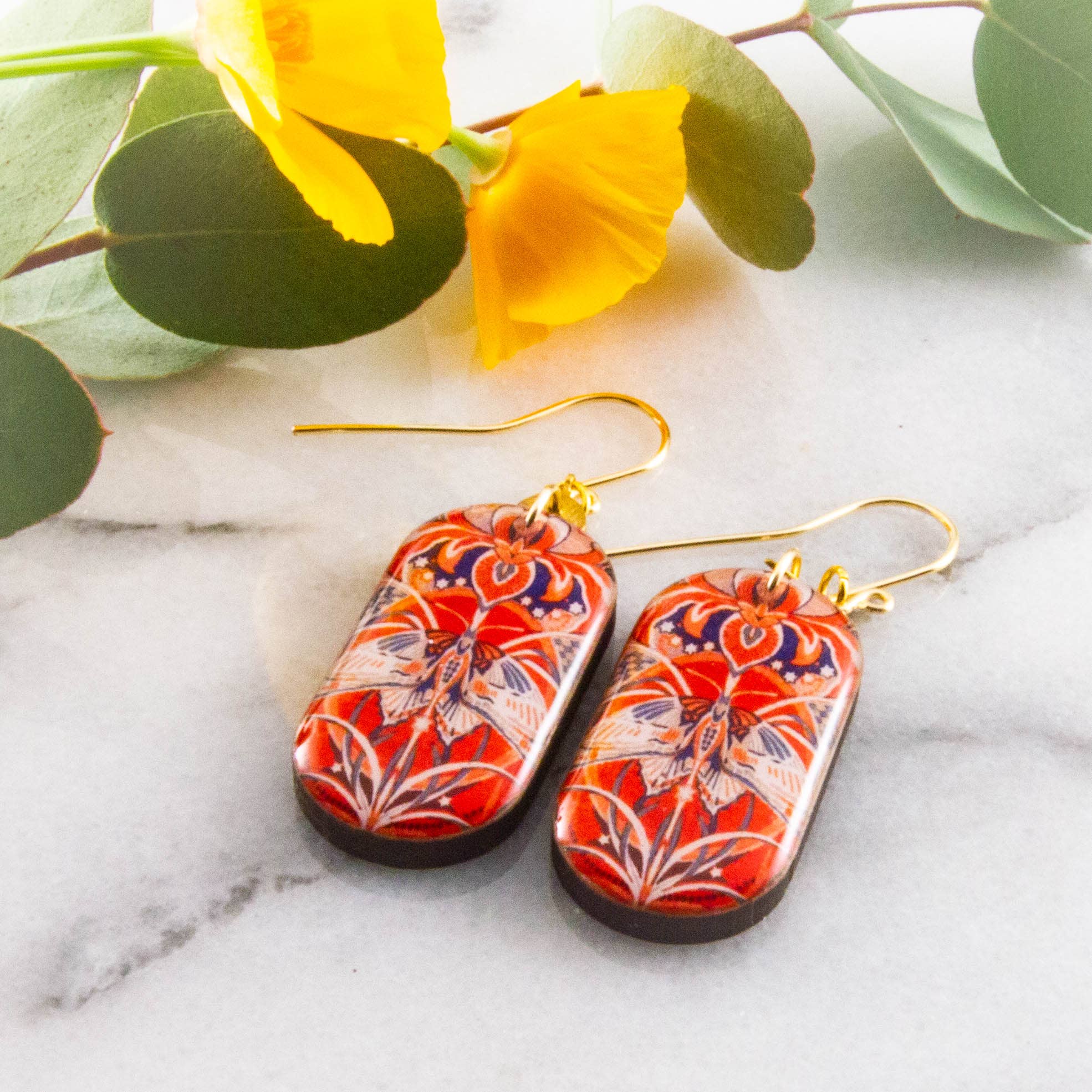 Orange + Navy Moth Motif Oblong Earrings, photo 2 of 2
