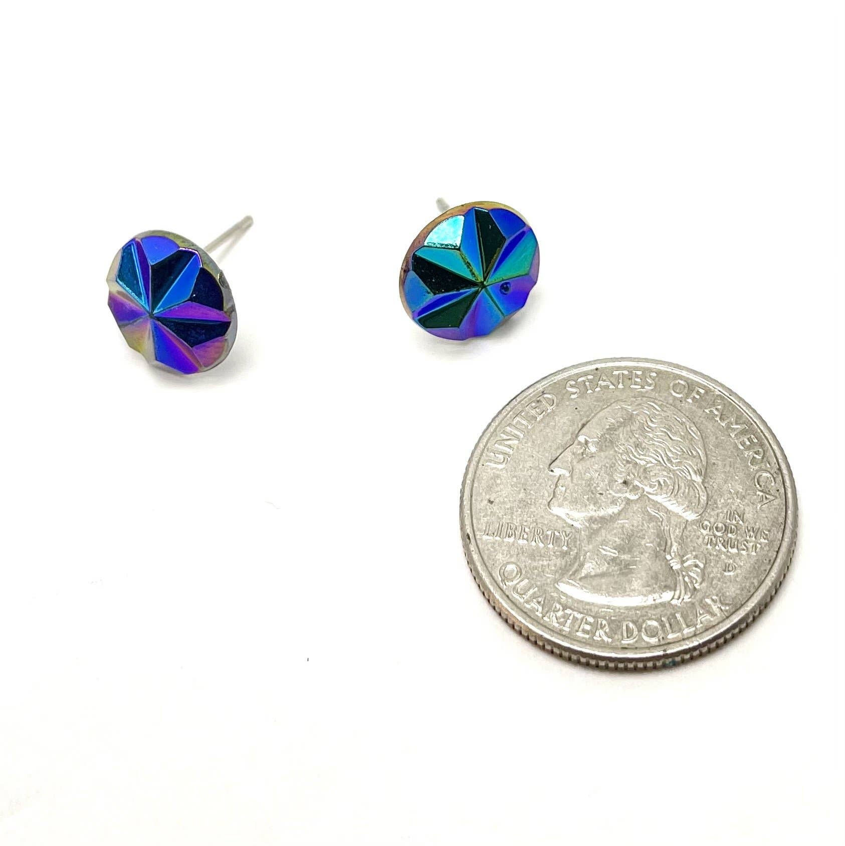 Blue Iris Pinwheel Retro Button Stud Earrings, photo 5 of 5