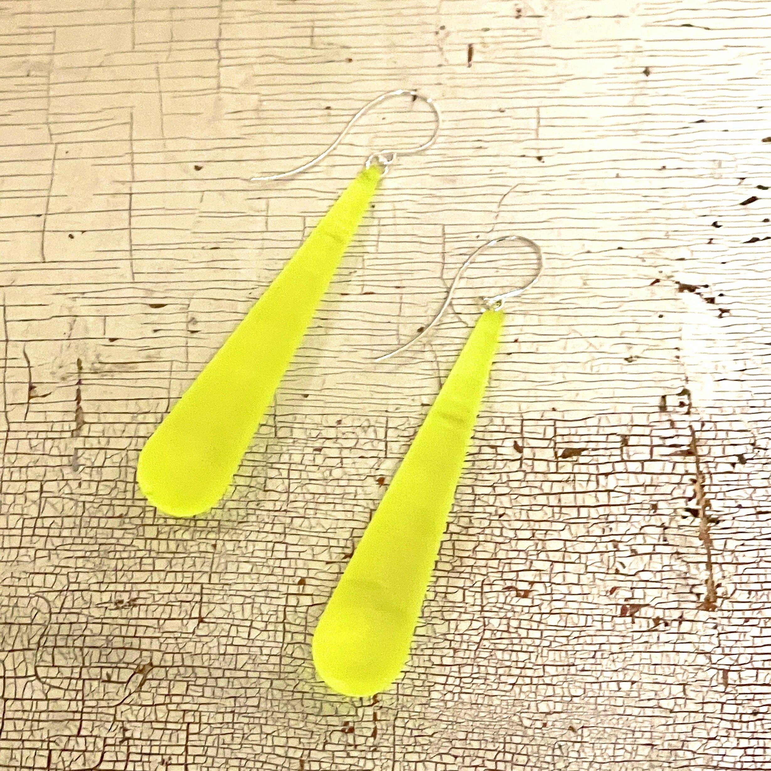 Neon Yellow Frosted Long Teardrop lucite statement earrings, photo 1 of 7